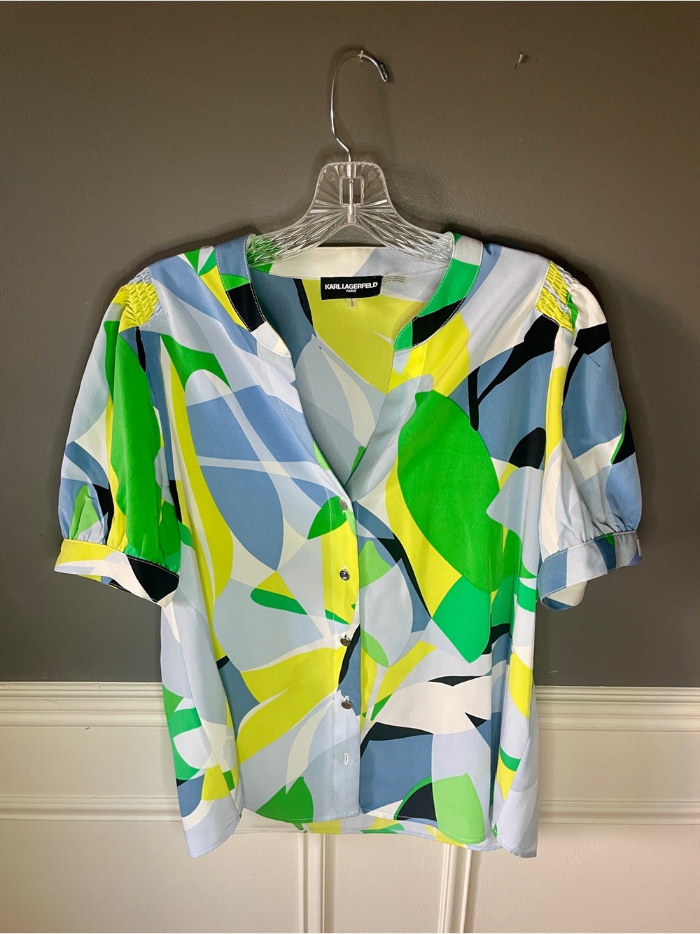 Karl Lagerfeld Lime Green & Blue Abstract Short Sleeve Blouse
